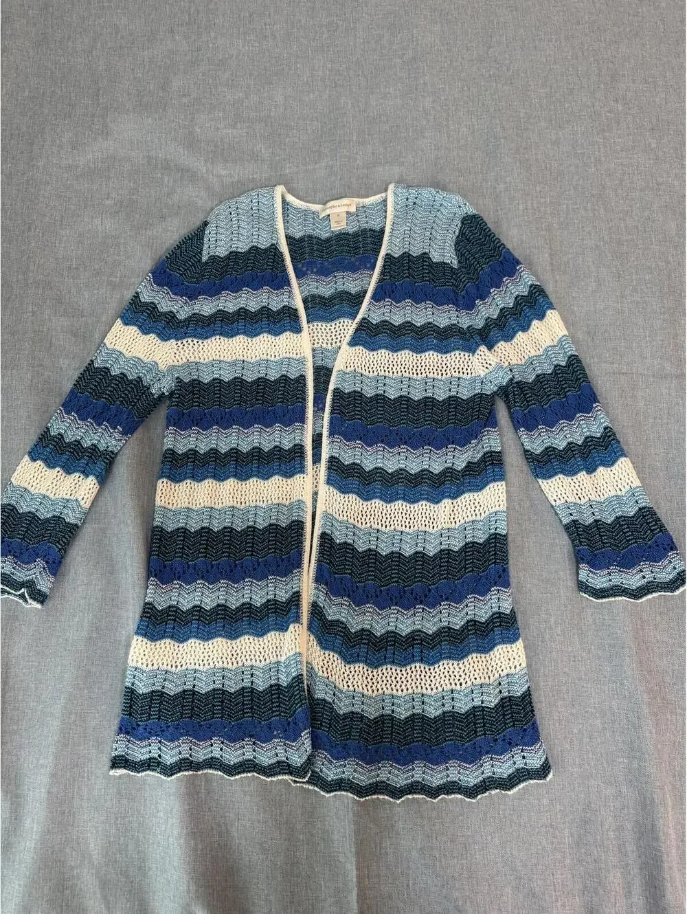 Blue Stripe Open Knit Cardigan Sweater Medium Coastal Boho USA - Picture 4 of 6